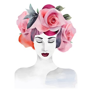 Kafasında çiçek olan bir kadının suluboya portresi, güllerden ve şakayıklardan bir çelenk, vektör. Vektör illüstrasyonu