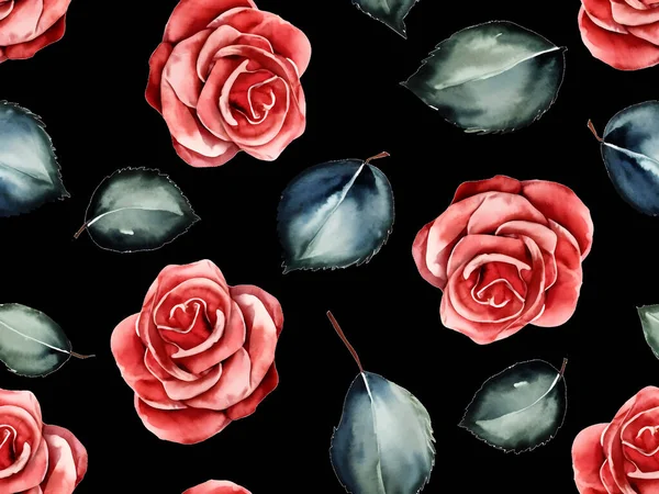 黒い背景のプリントに赤いバラと緑の葉 シームレスなパターンの背景 ベクターイラスト — ストックベクタ
