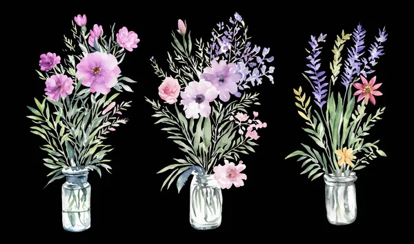 Set Bouquet Fleurs Sauvages Dans Bocal Verre Isolé Sur Fond — Image vectorielle