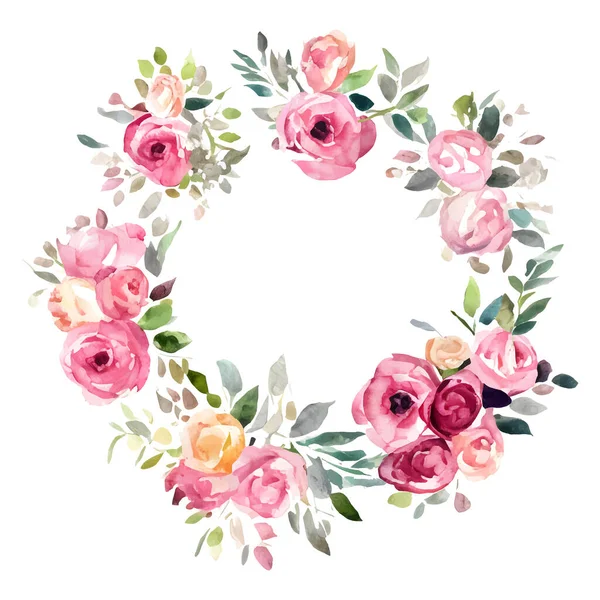 Circle frame with watercolor flowers yellow and pink roses and green leaves. Round template isolated on white . Vector illustration