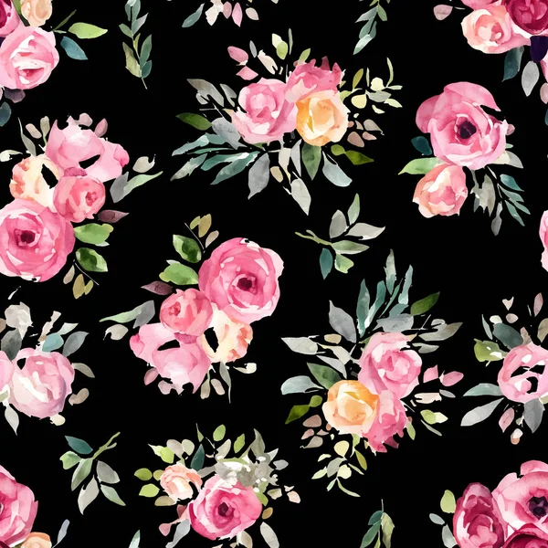 ピンクのバラは 黒の背景にシームレスなパターンを水彩 緑の葉と花とヴィンテージプリント ベクターイラスト — ストックベクタ