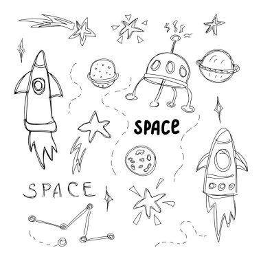 Çocuk boyama tarzında karalama alanı çizimi. Kozmos vektör element roketi, astronot, yıldızlar, asteroitler, UFO. Çeşitli astronomi nesnelerinin taslak simgeleri. Clipart dizaynı. Siyah çizgi baskısı