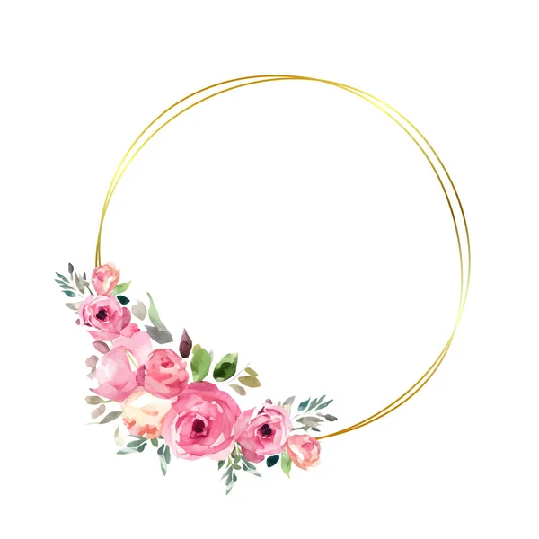 Κυκλικό Πλαίσιο Ροζ Τριαντάφυλλα Και Χρυσό Γεωμετρικό Πλαίσιο Floral Πρότυπο — Διανυσματικό Αρχείο