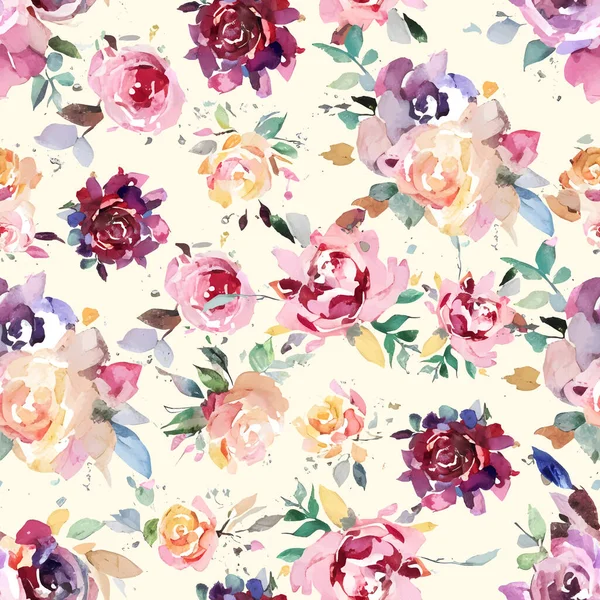 水彩の花のヴィンテージのバラとシームレスな夏のパターン ベクターイラスト — ストックベクタ
