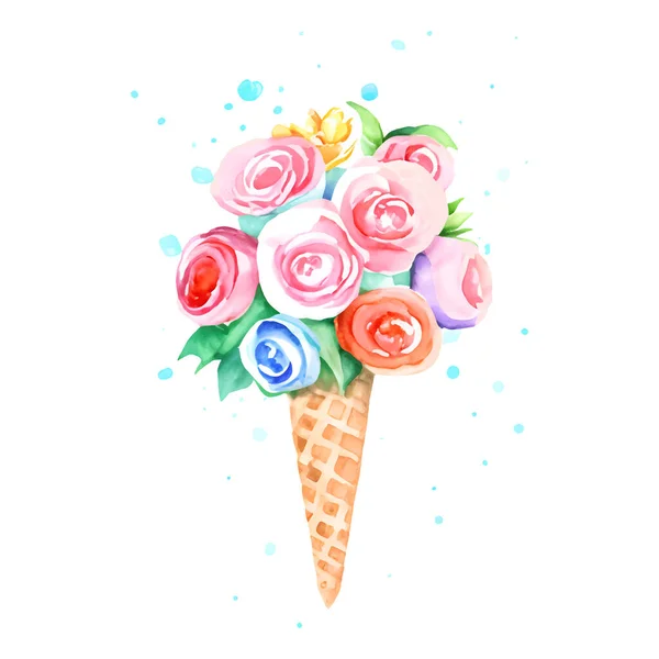 Peinture Aquarelle Cône Gaufre Crème Glacée Avec Des Fleurs Roses — Image vectorielle