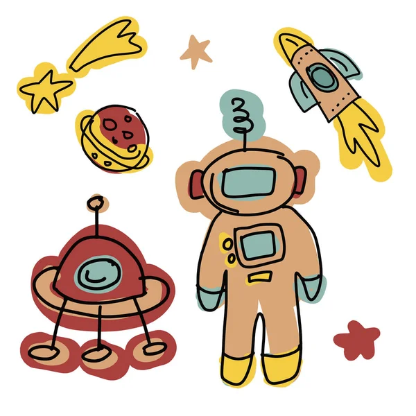 Cute Doodle Cartoon Space Set Astronaut Rocket Planets Child Vector — Vetor de Stock