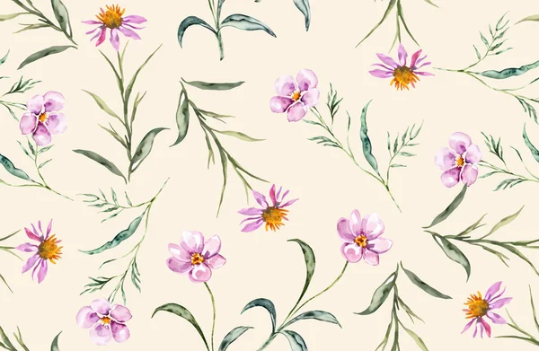 Vintage Florales Nahtloses Muster Aquarell Kleine Wiesenblumen Hintergrund Pastellfarben Druck — Stockvektor