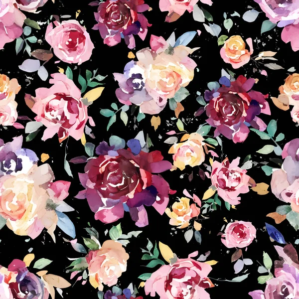 黒の背景にヴィンテージのエレガントな白とピンクのバラのプリント シームレスなパターンのテクスチャ 花飾りだ ベクターイラスト — ストックベクタ