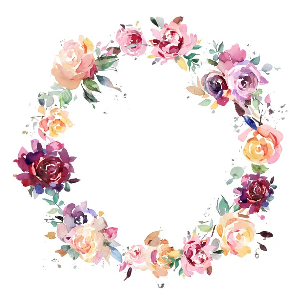 Kör Koszorú Levelekkel Akvarell Rózsákkal Virágokkal Vintage Sablon Koszorú Kerek — Stock Vector