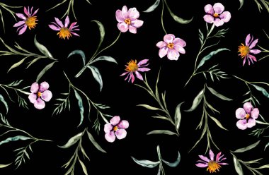 Yeşil yapraklı pembe kır çiçekleri siyah arka planda pürüzsüz desenler. Vektör illüstrasyonu