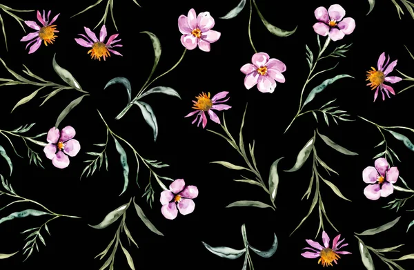 緑色の葉を持つピンクの野花は黒を背景にシームレスなパターン ベクターイラスト — ストックベクタ