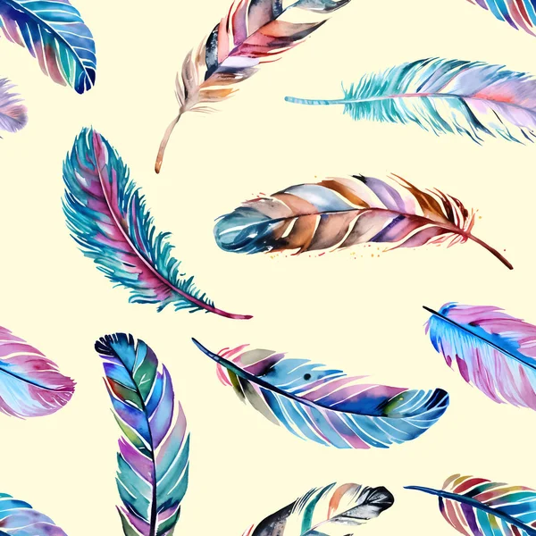 Watercolor Feathers Blue Pink Color Seamless Pattern Print Beige Vector — Stock Vector