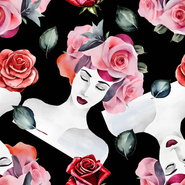 Aquarelle Portrait Femme Avec Des Roses Fleurs Motif Sans Couture — Image vectorielle