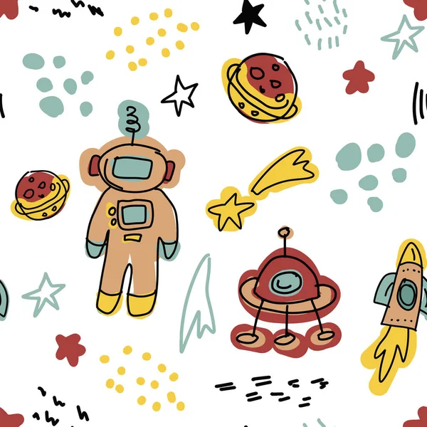子供のためのスペースの背景 漫画ロケット Ufoとベクトルシームレスパターン ベクターイラスト — ストックベクタ