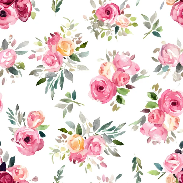 Nahtloses Muster Mit Rosa Aquarellrosen Frühlingsblumen Und Blätter Handgezeichneter Hintergrund — Stockvektor