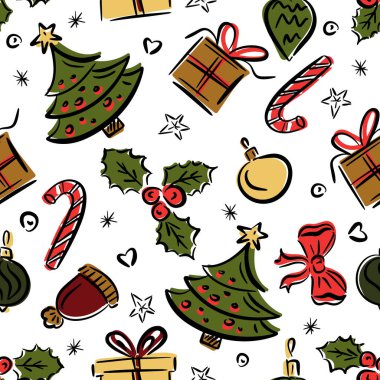 Kusursuz bir Noel ve yeni yıl düzeni. Kış ve Noel öğeleri kırmızı fiyonk, ağaç, hediye kutusu. Hediye paketi. Doodle tarzı. Vektör illüstrasyonu