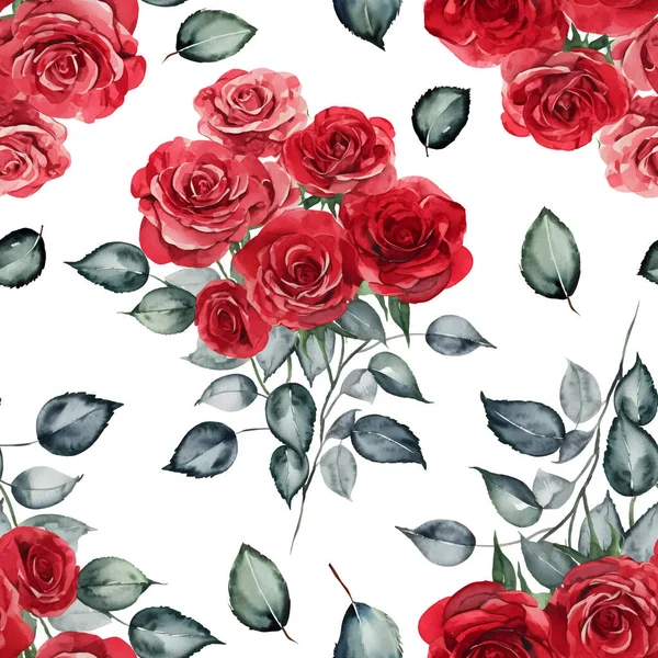赤花のバラ 花束や水彩画のスタイルで白い背景に葉のシームレスなパターン ベクターイラスト — ストックベクタ