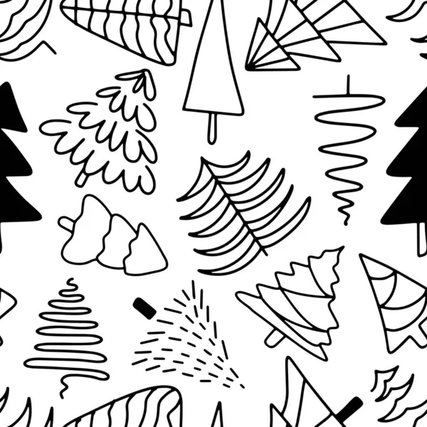 クリスマスイラストシームレスなパターンの背景 黒いモミの木の白い上にドアライン松 新年のヴィンテージ装飾テンプレートショッピングプリント繊維生地包装 ベクターイラスト — ストックベクタ