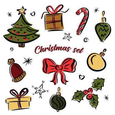 Geleneksel dekor ve elementlerden oluşan mutlu Noeller. Ağaç, hediye kutuları, kırmızı kurdele ve toplar. Beyaz arka planda Noel havasının unsurları. Vektör illüstrasyonu