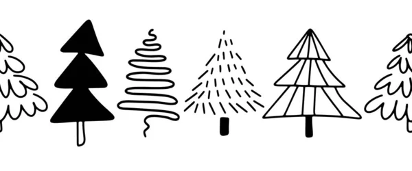 クリスマスツリーのベクトル境界線 シームレスなパターンの手の黒いモミのドアの木を描いた リボン カードの装飾 スクラップブッキング バナーのための装飾冬の休日のスケッチデザイン ベクターイラスト — ストックベクタ