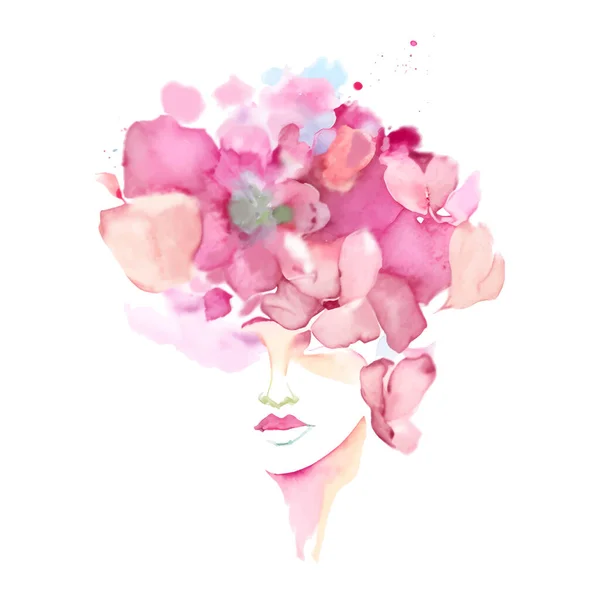 頭の上にピンクの花を持つ女性の水彩画の肖像画 バラや牡丹の花びらからの花輪 ベクトル ベクターイラスト — ストックベクタ