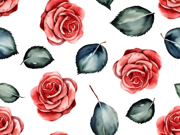 赤いバラと緑の葉と水彩シームレスなパターンを手描き 明るくカラフルでロマンチックなデザインは ポストカード 包装紙 結婚式の招待状 織物に最適です ベクターイラスト — ストックベクタ