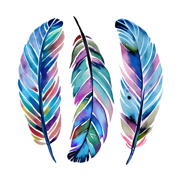 Hand Drawn Watercolor Blue Pink Colorful Feathers Set Isolated White — Stock Vector