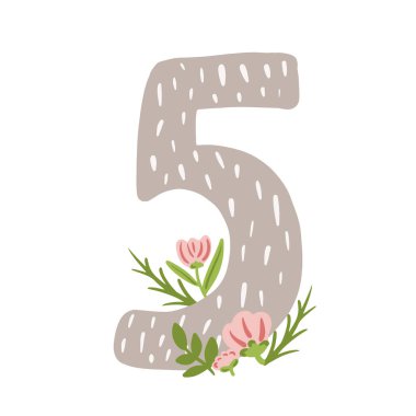 Beş numara, aylık bebek çocuklar için kilometre taşı, çiçek karikatürlü şirin 5 numara. Vektör illüstrasyonu