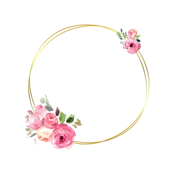 Gyllene Cirkel Ram Med Akvarell Rosa Rosor Och Gröna Blad — Stock vektor