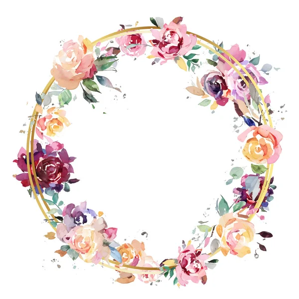 Couronne Cercle Rétro Avec Feuilles Roses Aquarelle Fleurs Modèle Vintage — Image vectorielle