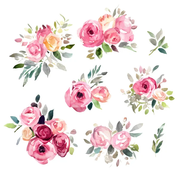 Rosas Retro Conjunto Aquarela Flores Pintura Floral Vintage Buquês Ilustrações —  Vetores de Stock