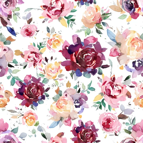 水彩のバラと花のレトロなシームレスなパターン ベクターイラスト — ストックベクタ