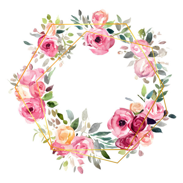 Flowers wreath circle roses frame. Card template on white backdrop. Hand drawn flower vector round geometric border. Vector illustration