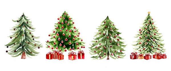 Kırmızı hediye kutuları ve toplarla süslenmiş el yapımı suluboya Noel ağaçları. Vektör illüstrasyonu