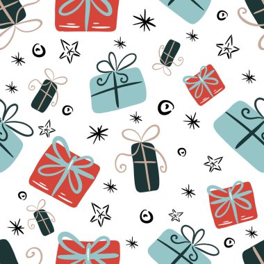 Renkli hediye kutusu, yay vektörlü şirin Noel desenli. Vektör illüstrasyonu