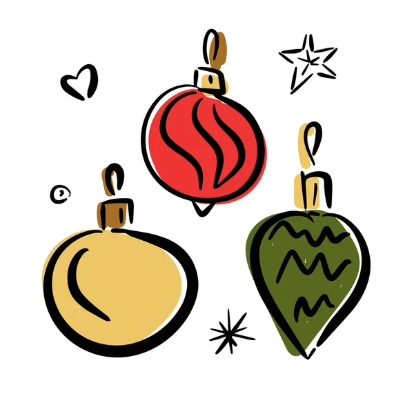 ベクトルレッド ゴールド グリーンボールが白い背景にセットされています ドードル漫画クリスマスツリーの装飾 ベクトルイラスト — ストックベクタ