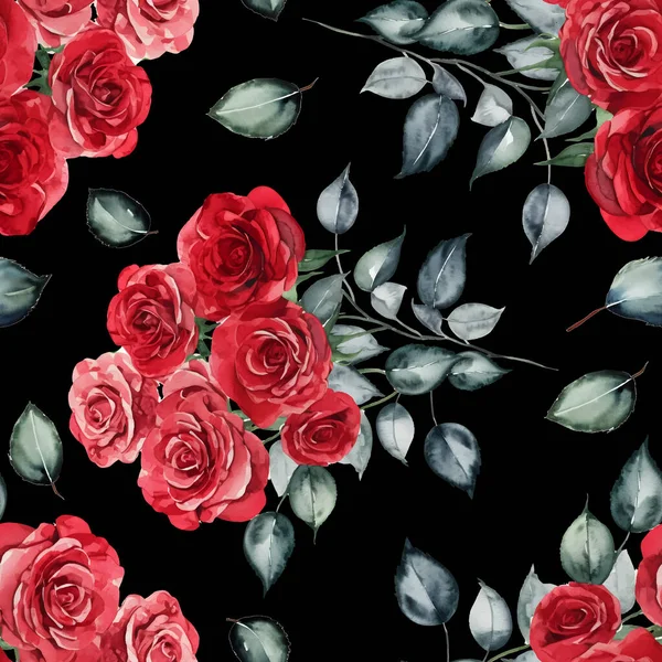 Bouquet Roses Rouges Avec Des Feuilles Vertes Sur Fond Noir — Image vectorielle
