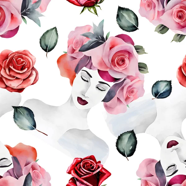 Femme Visage Roses Feuilles Vertes Modèle Sans Couture Vectoriel Illustration — Image vectorielle