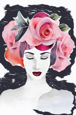 Kafasında pembe çiçekler olan bir kadının suluboya portresi gül ve şakayık yapraklarından çelenk, vektör. Vektör illüstrasyonu