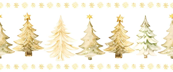シームレスな水彩ゴールドクリスマスツリーパインボーダー 手描きの金の火の列ベクターのイラスト クリスマスの装飾 リボン 挨拶カードのための冬の休日の設計を繰り返します ベクター — ストックベクタ