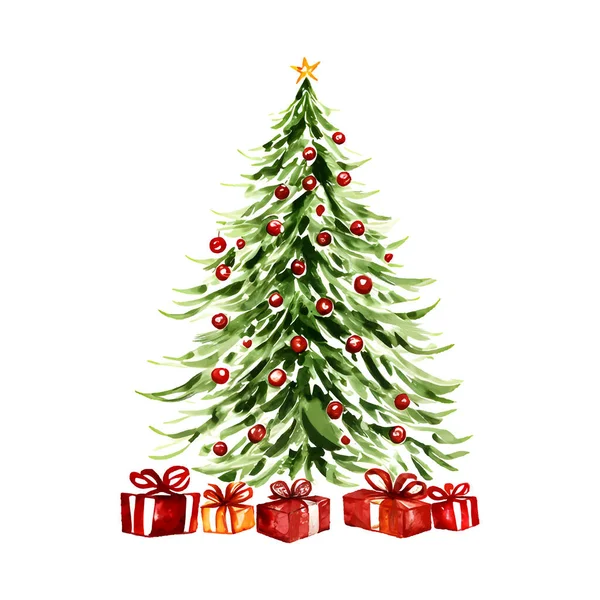 Kırmızı oyuncak topları ve beyaza izole edilmiş kırmızı hediye kutuları olan suluboya Noel ağacı. Vektör illüstrasyonu