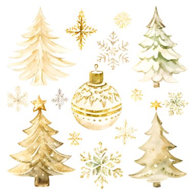 Altın suluboya Noel ağacı koleksiyonu, top oyuncağı ve kar taneleri beyaz üzerine izole edilmiş. Geleneksel Noel ağacı dekoru. Tebrik kartı ve parti tasarımı için. Vektör illüstrasyonu