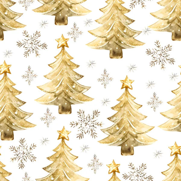 Χρυσό Υδατογραφία Χριστουγεννιάτικο Δέντρο Απρόσκοπτη Επαναλαμβανόμενο Μοτίβο Εικονογράφηση Διανύσματος — Διανυσματικό Αρχείο