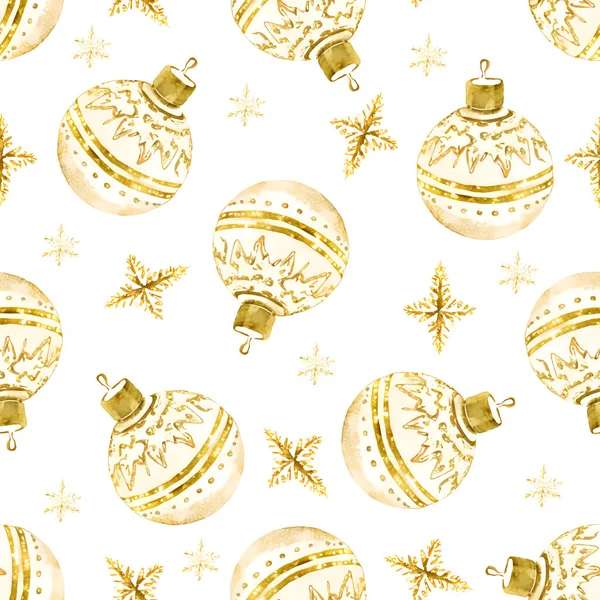 水彩色の金黄色の光沢のあるクリスマスボールと雪片のシームレスなパターン ベクトルイラスト — ストックベクタ