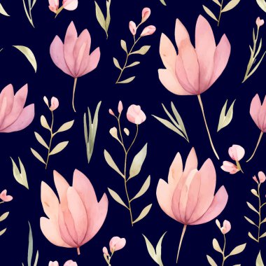 Çiçeksiz suluboya desenli yeşil yapraklı, mavi kabuklu, pembe soyut çiçekler. Vektör illüstrasyonu