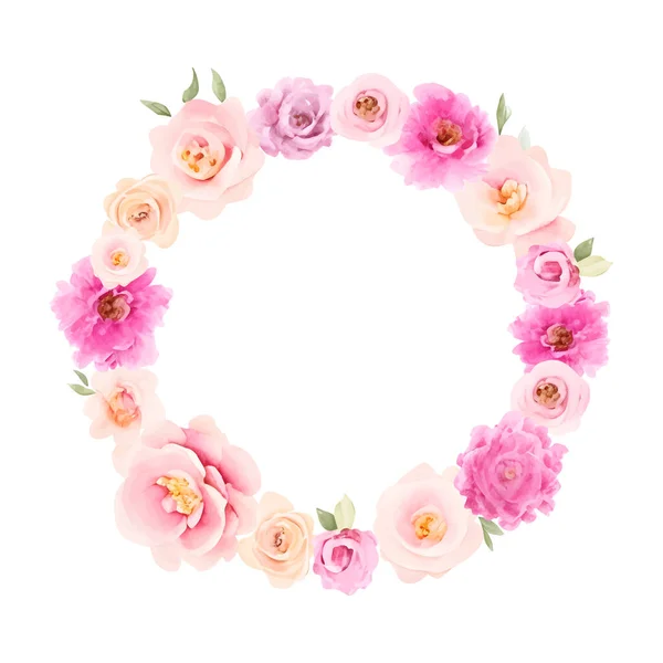 Cadre Roses Cercle Fleurs Couronne Aquarelle Isolées Sur Blanc Illustration — Image vectorielle