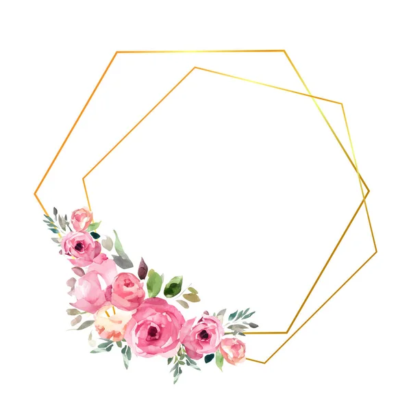 Moldura Geométrica Dourada Com Rosas Rosa Aquarela Folhas Verdes Modelo —  Vetores de Stock