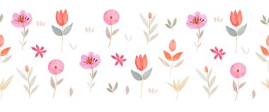 Çiçeksiz, soyut çiçekler, yeşil yapraklar ve bitkilerle yatay bir sınır. Vektör illüstrasyonu