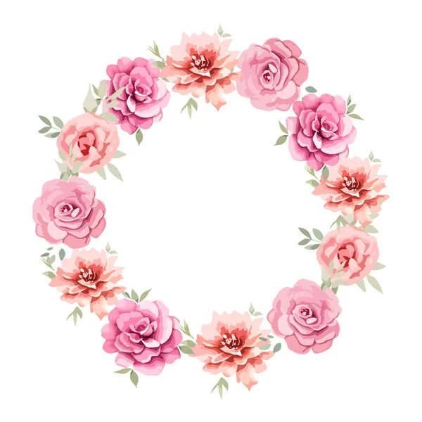 Circle Roses Frame Wreath Flowers Template Isolated White Vector Illustration — Stock Vector