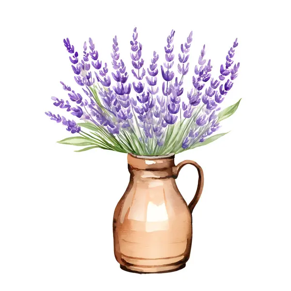 Vaso Vintage Con Bouquet Lavanda Acquerello Isolato Bianco Illustrazione Vettoriale — Vettoriale Stock